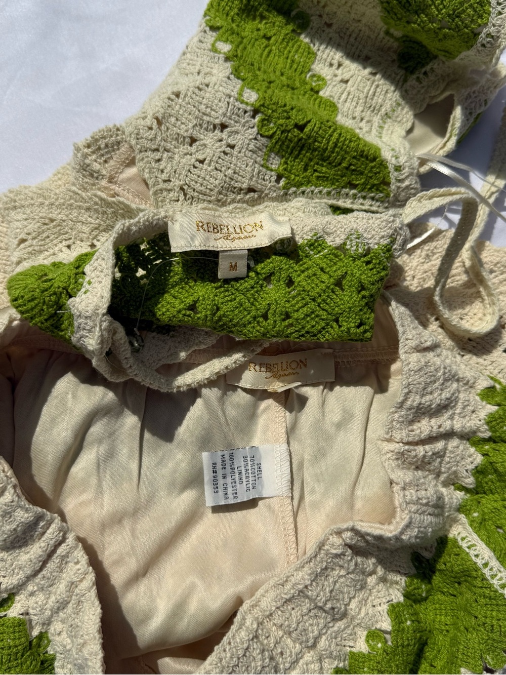 Rebellion Again M Crochet Knit Two Pc Set Green Cream Boho Festival Lounge NWOT - Picture 6 of 8